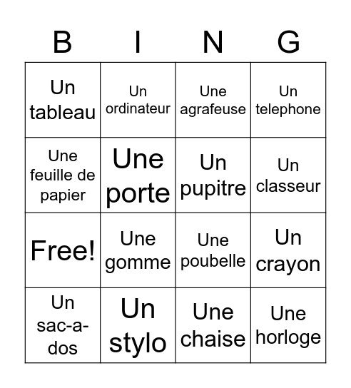 Les Objets dans la Salle de Classe Bingo Card