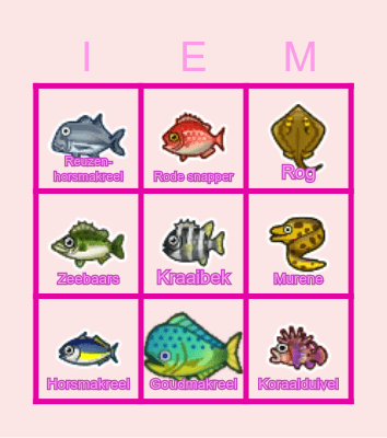 Animal Crossing Vissen Oktober zee Bingo Card