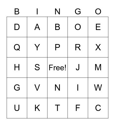 I know my letters Bingo Card