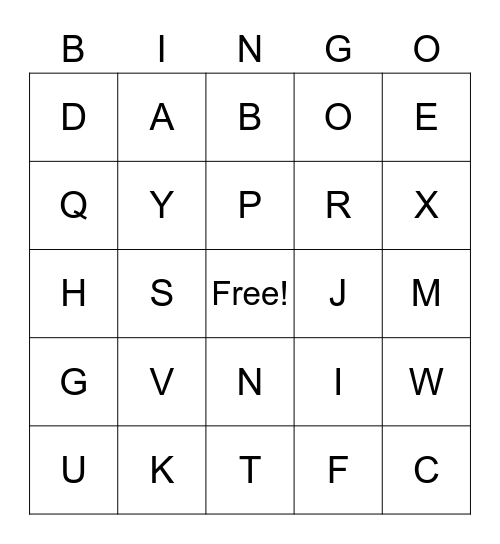 I know my letters Bingo Card