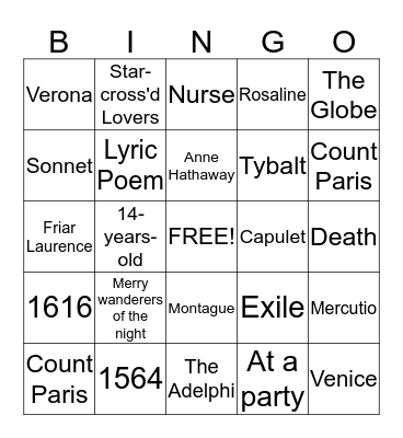 Romeo and Juliet Bingo Card