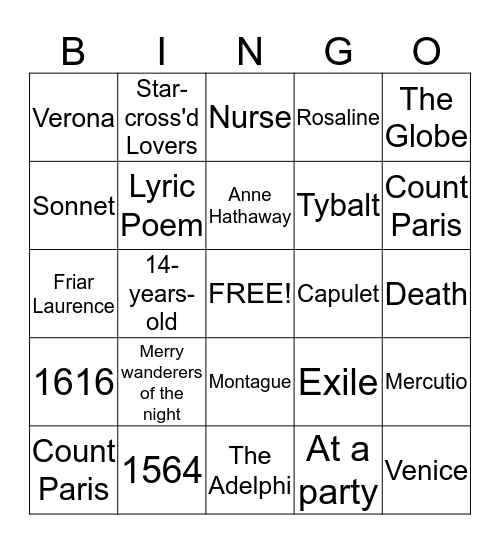 Romeo and Juliet Bingo Card