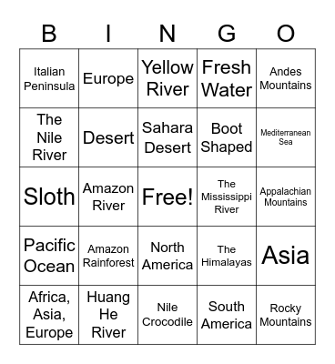 Continent Review Bingo Card