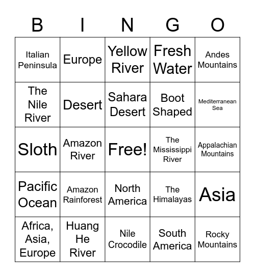 Continent Review Bingo Card