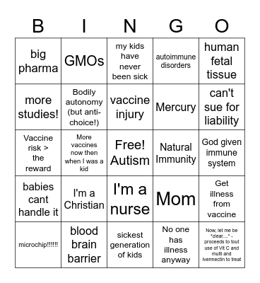 Anti Vaxxer Bingo Card