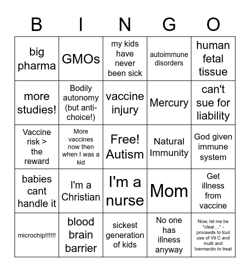 Anti Vaxxer Bingo Card