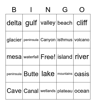 Land Forms Bingo Card