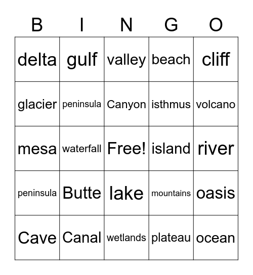 Land Forms Bingo Card