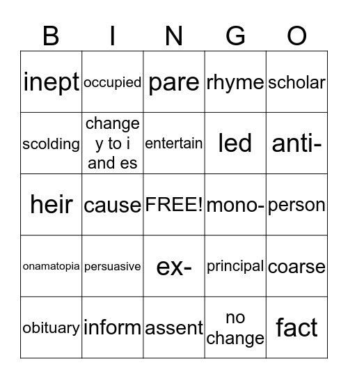 Reading Terms Review Bingo Card