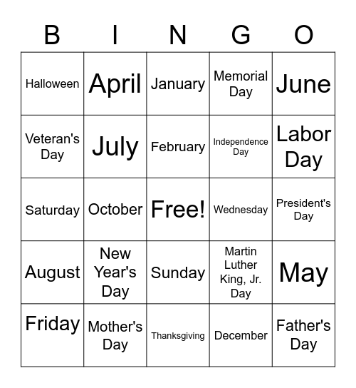 HOLIDAYS, MONTHS, DAYS Bingo Card