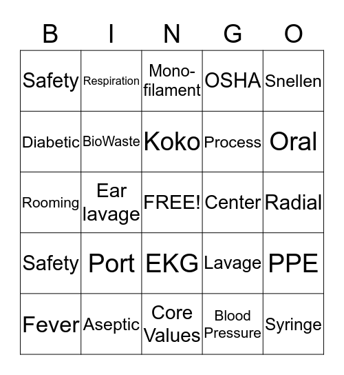 Clinical Competency  Bingo Card