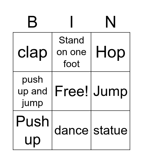Move your body Bingo Card