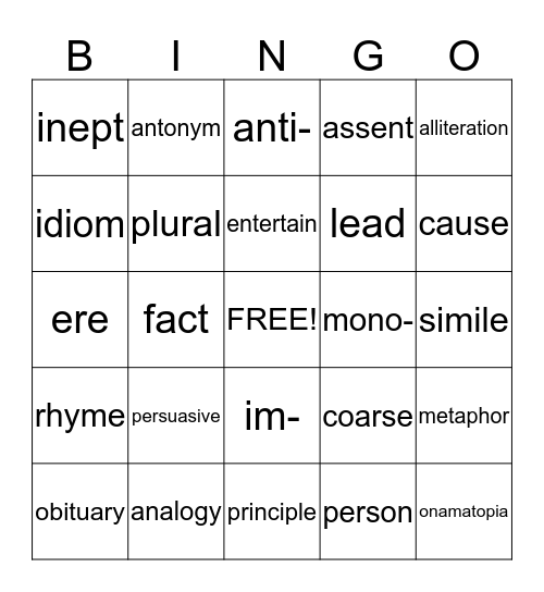 Reading Terms Review Bingo Card