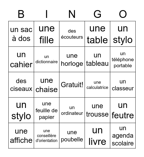 Les fournitures scolaires Bingo Card