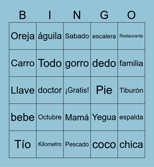 Alphabet Letter Words A-Z SPAN Bingo Card