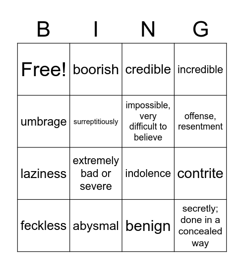 Vocab list 7 Bingo Card
