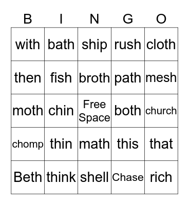 Digraphs -th, -sh, and -ch words Bingo Card