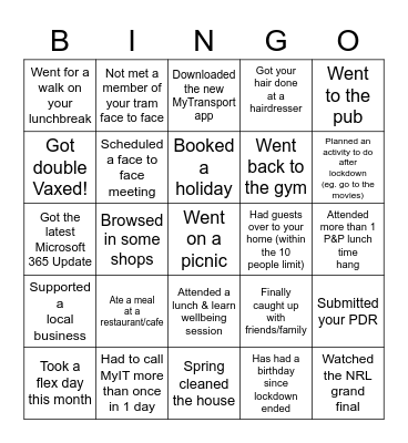 Planning & Programs Post Lockdown Bingo Card