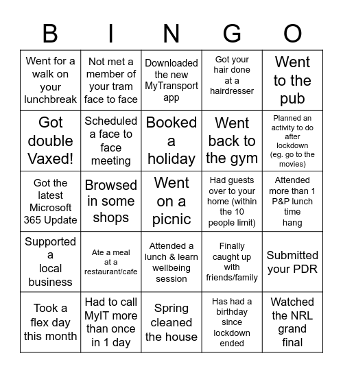 Planning & Programs Post Lockdown Bingo Card