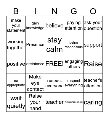 Getting the Teacher's Attention Bingo Card