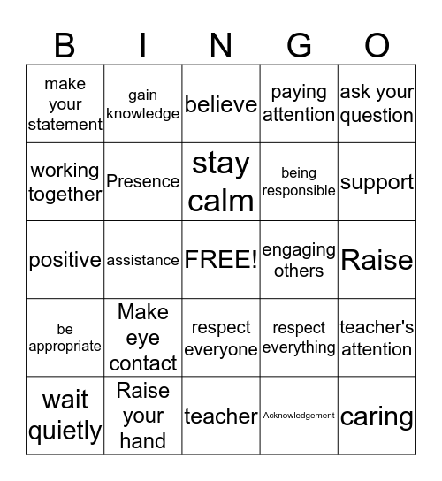 Getting the Teacher's Attention Bingo Card