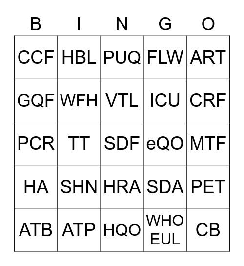 SG COVID-19 Acronyms Knowledge Check! Bingo Card