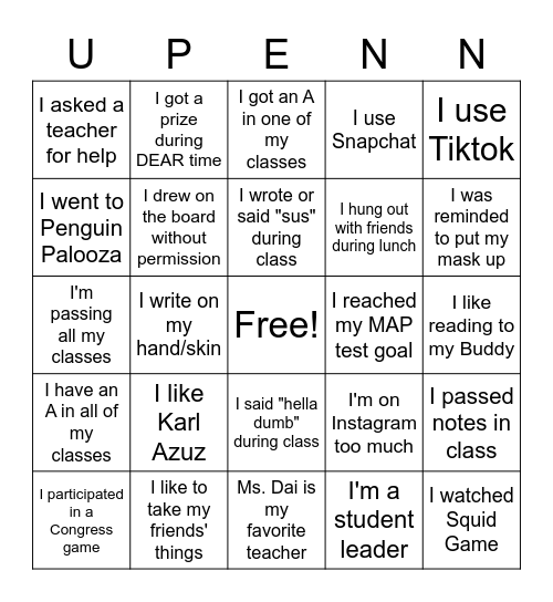 Just middle school things Bingo Card