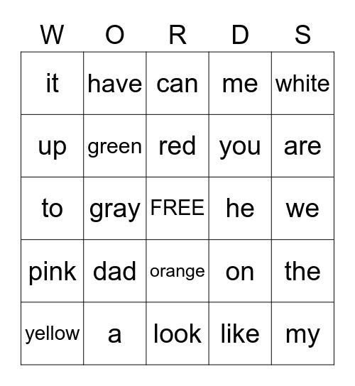 Sight Word Bingo Card