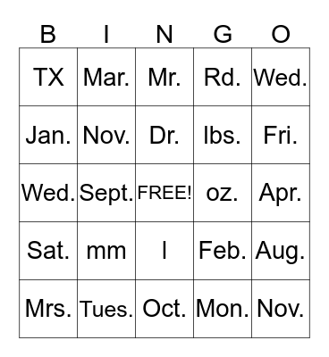 Abbreviation Bingo Card