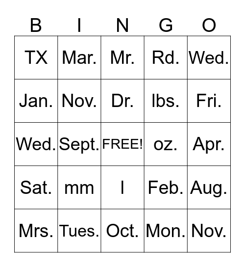 Abbreviation Bingo Card