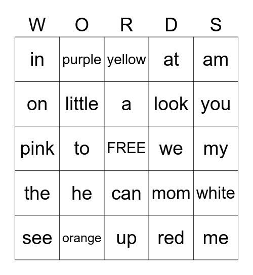 Sight Word Bingo Card