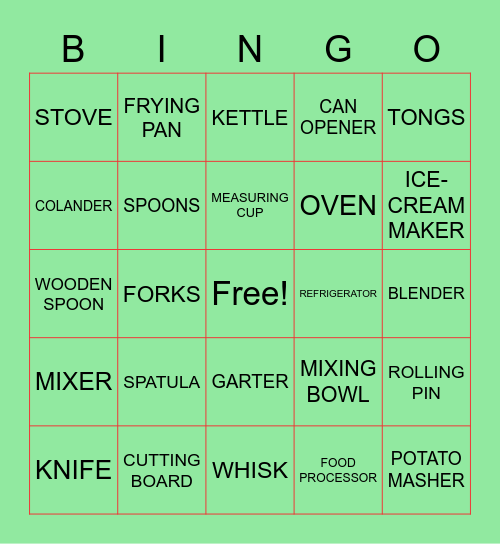 kitchen TOOLS AND EQUIPMENTS Bingo Card