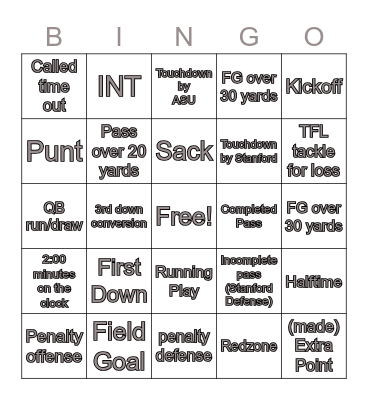 Game-Time Bingo Card