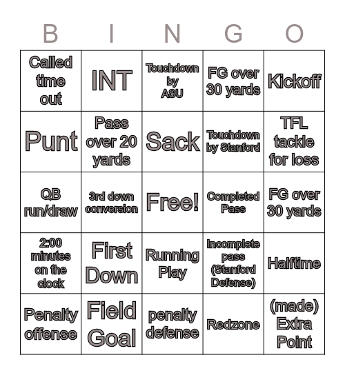 Game-Time Bingo Card