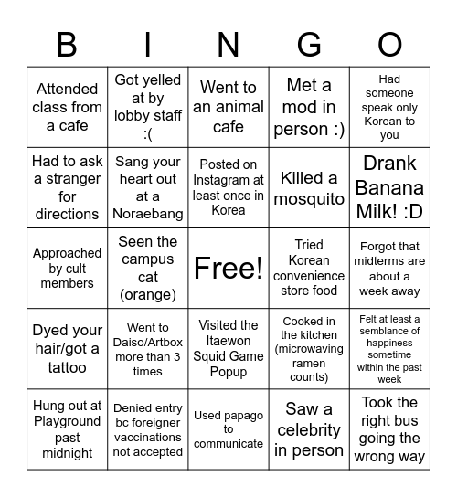 Yonsei Study Abroad Bingo Card