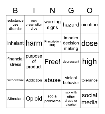 Substance Abuse & Prevention Bingo Card