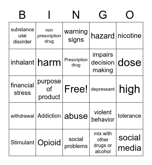 Substance Abuse & Prevention Bingo Card