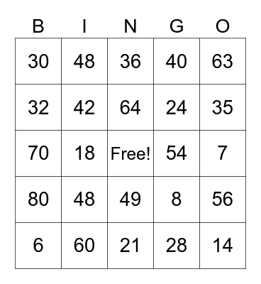 Multiplication Bingo Card