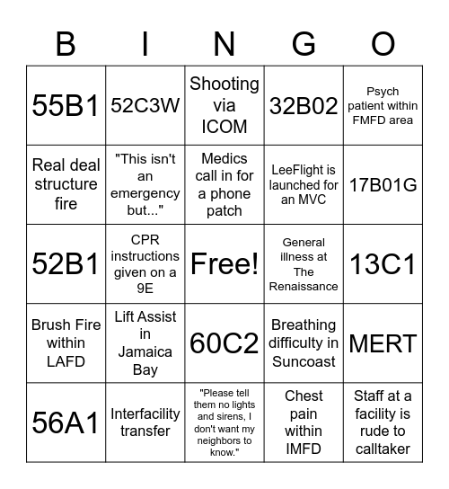 Call Taking Bingo Card