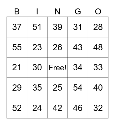 French Numbers 2-60 Bingo Card