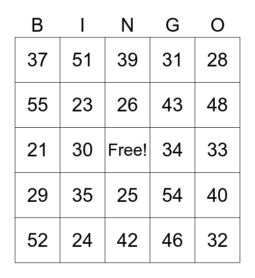 French Numbers 2-60 Bingo Card