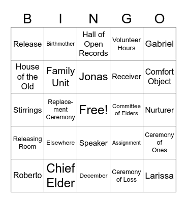 The Giver Bingo Card