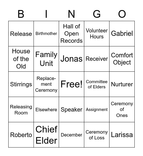 The Giver Bingo Card