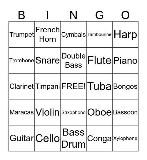 Instruments of the Orchestra Bingo Card