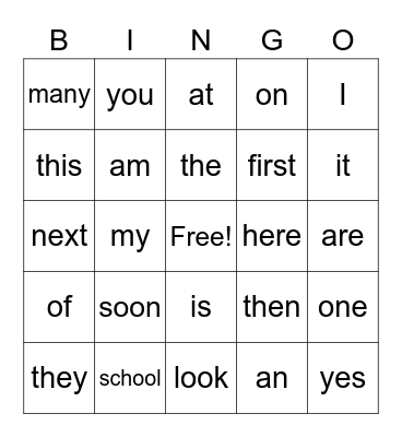 High Frequency Words Bingo Card