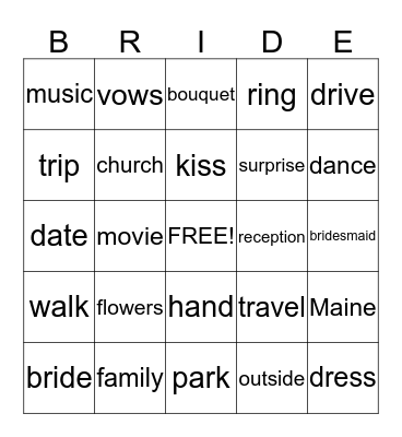 Bridal Bingo Card