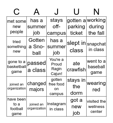 Ragin Cajun Bingo Card