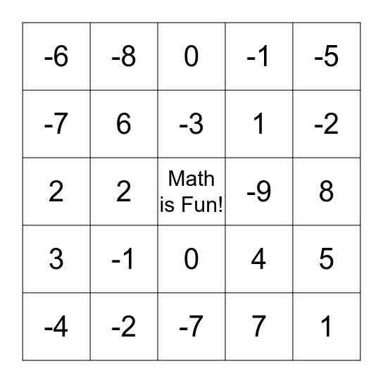 Flash Card Bingo with Positive and Negative Numbers Bingo Card