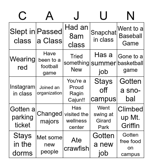 Ragin Cajun Bingo Card