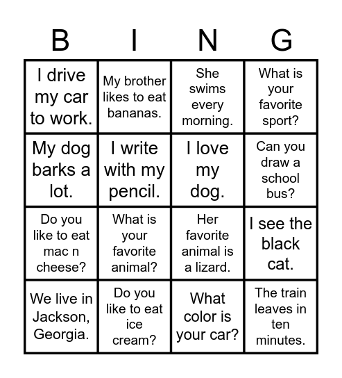 Sentence Bingo Card